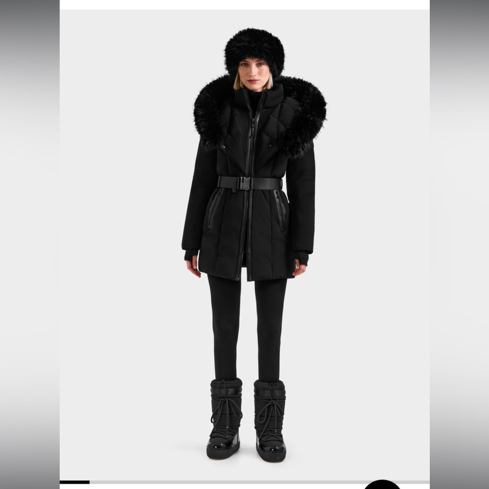 RUDSAK MODA Women’s Down Puffer with Faux Fur trim Black Belted